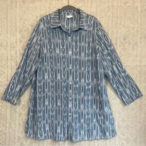 J. Jill Pure Jill Blue Ikat Batik Print Button Up Tunic Sz XL Side Pockets